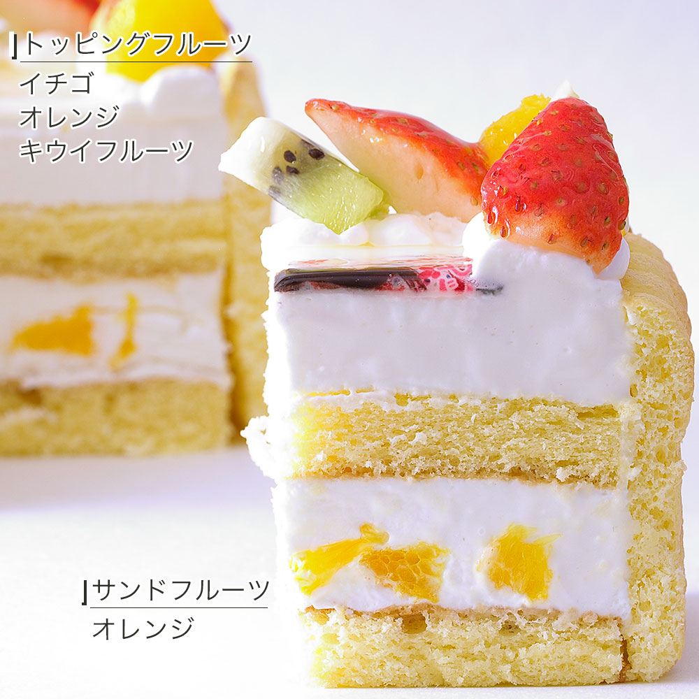 写真ケーキ スクエア型 ビスキュイ付フレッシュフルーツ乗せ生クリームショートケーキ