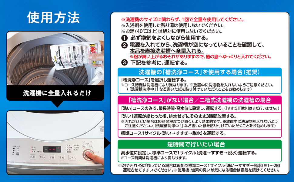 使用方法 洗濯槽クリーナーPRO除菌・カビ除去率99.9%塩素系強カタイプ