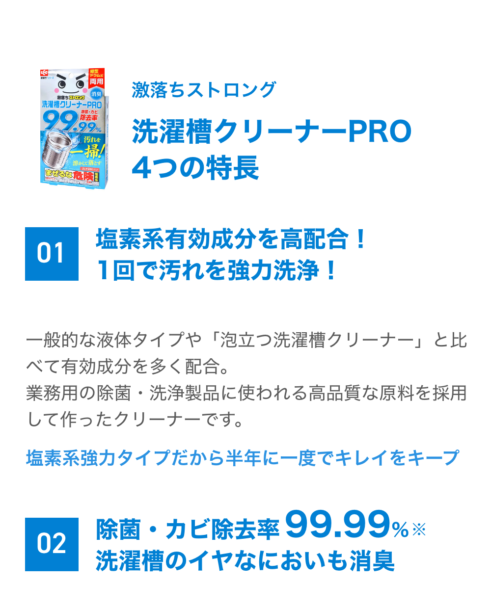 洗濯槽クリーナーPRO4つの特長 塩素系有効成分を高配合！1回で汚れを強力洗浄！除菌・カビ除去率99.99%※洗濯槽のイヤなにおいも消臭