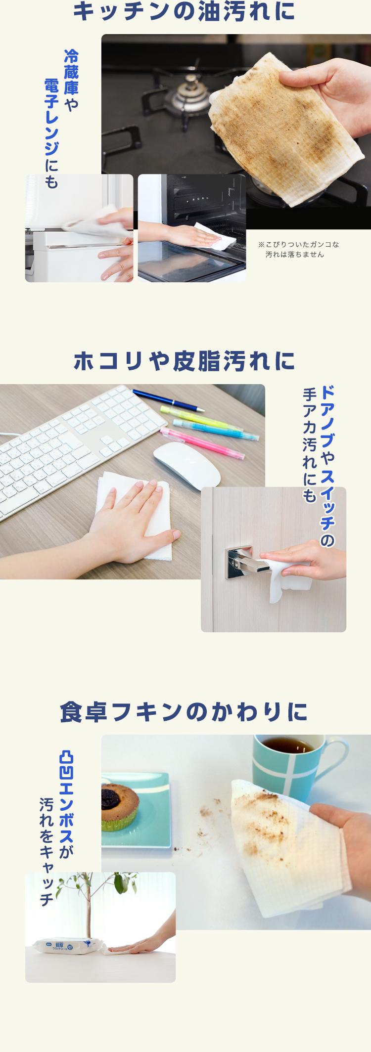 こんな汚れのお掃除に。ワイパーに取り付けて、床・壁・天井。キッチンの油汚れに。