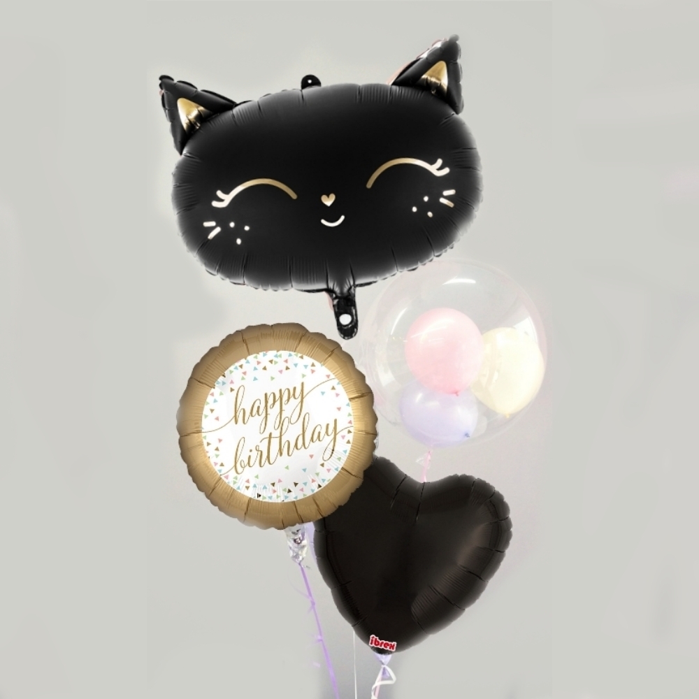 バルーンギフト バルーン電報 誕生日 大人 女性 名入れ ねこ 猫 ピンク 黒 バブルバルーン ヘリウムガス入り かわいい おしゃれ 送料無料 （浮かせてお届け） | ブランド登録なし | 02