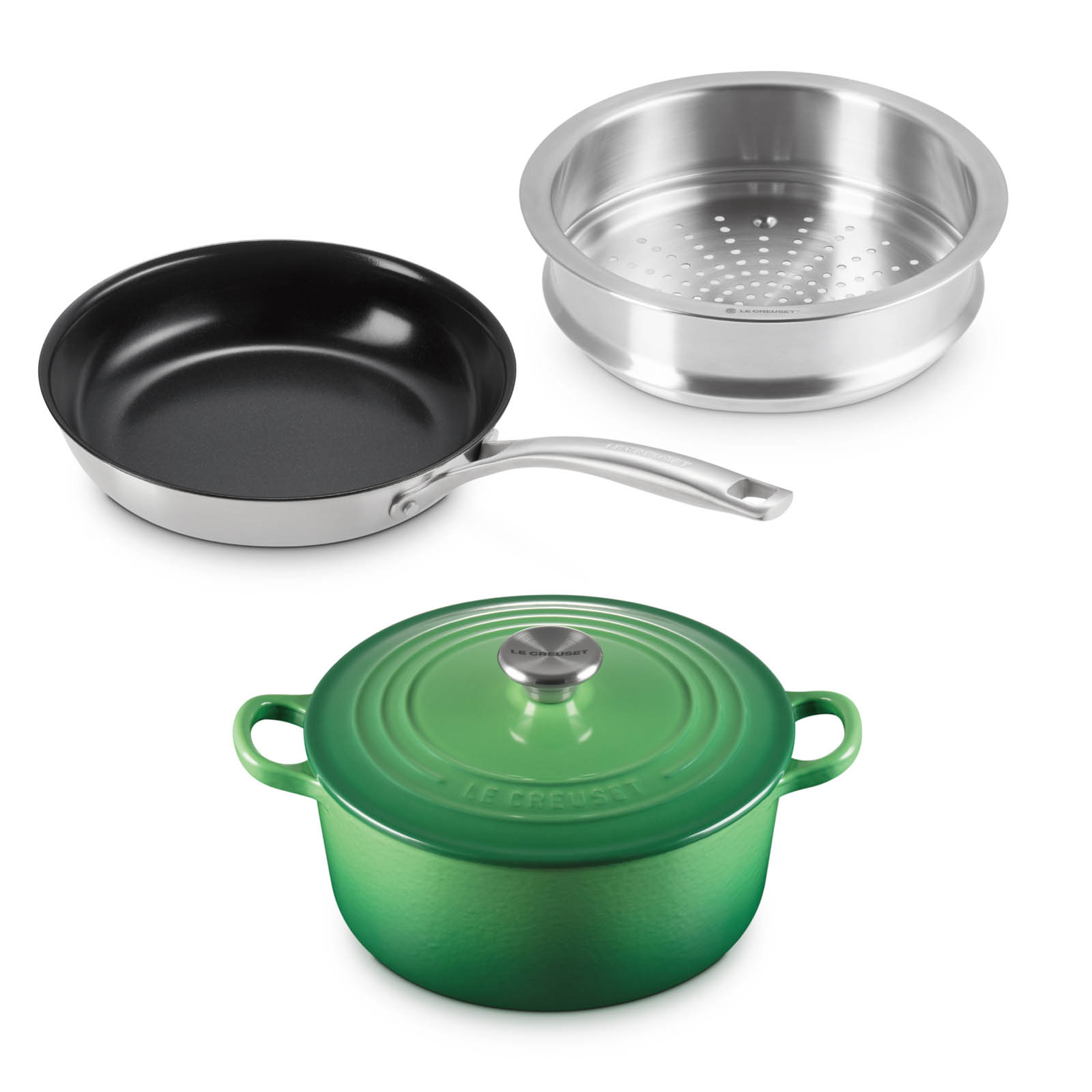 美品ル・クルーゼのグリーン両手鍋、蒸し器付き LE CREUSET 両手鍋 グリーン 蒸し器付き LE CREUSET 両手鍋 グリーン