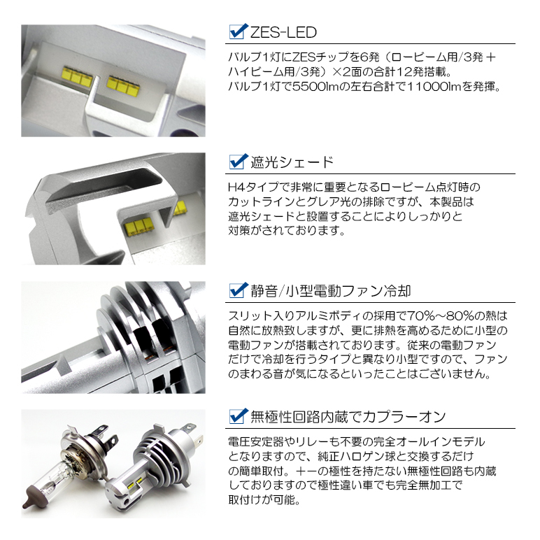 H92W 前期/後期 オッティ LED ヘッドライト H4 Hi/Low 切換 55W ZES