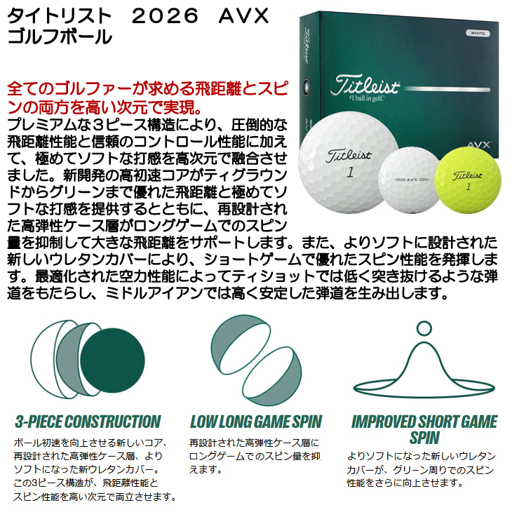 Titleist（タイトリスト） AVX ゴルフボール 1ダース 12球入り 飛距離