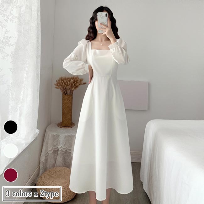スクエアネック 長袖 ワンピース 2色あり★シンプル 上品 結婚式 szp329_1.jpg