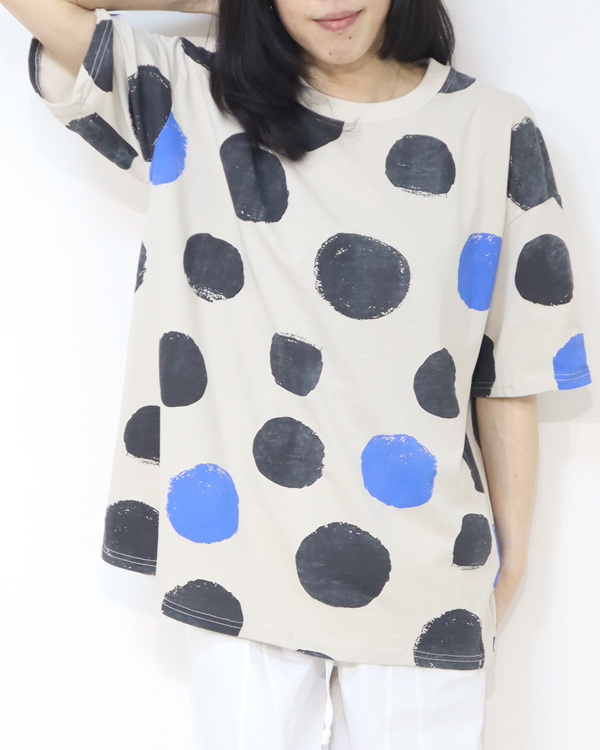 水玉 ドット柄 コットン100% ビッグシルエット Tシャツ 春夏 半袖