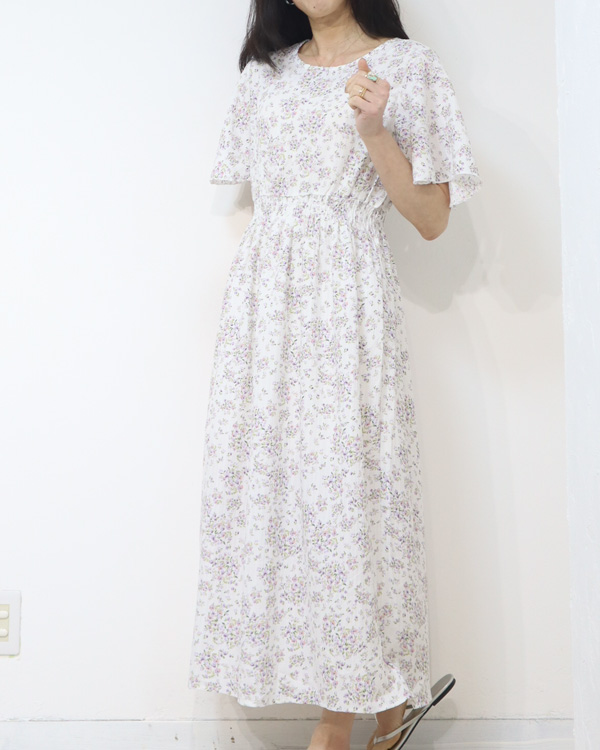 小花柄プリント ウエストシャーリング ロングワンピース 半袖ワンピ 夏