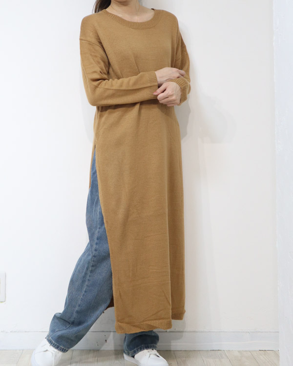 【お買得】 サイドスリットニットワンピース アオザイ風ワンピ スリット ワンピース