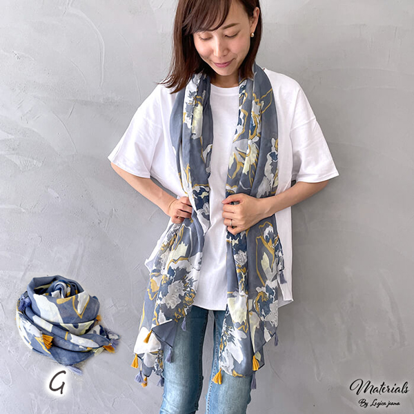 【美品】45rpm ガーゼ 小花柄 ストール インディゴ　コットン コットン ガーゼ ストール 和柄 大判 花柄 春 春夏 夏 綿ストール 綿