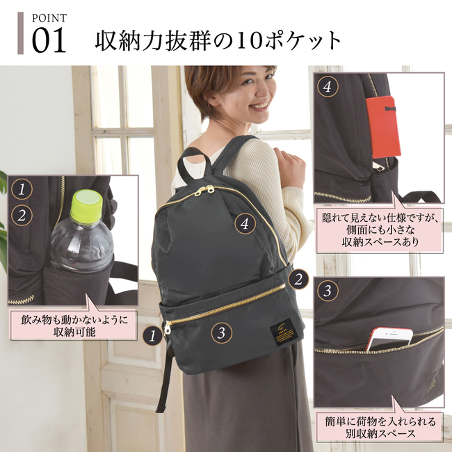 GRADE リュック レディース 10ポケット付 オシャレ かわいい 軽量