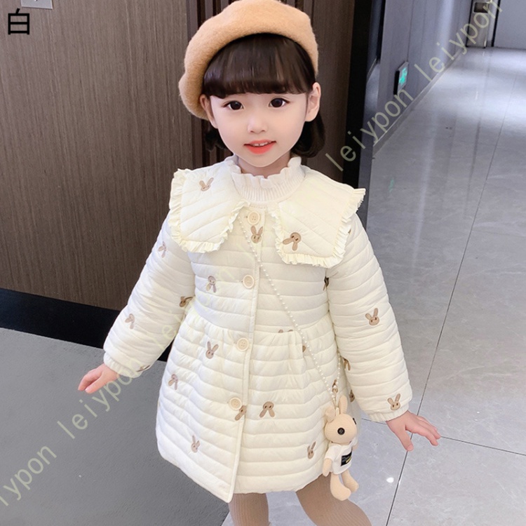 ウサギ柄 子供服 コート ジャケット ダウンコート ダウンジャケット キッズ 中綿ジャケット 綿服 姫系 パーカー アウター 襟付き ロング丈 暖かい  厚手 防寒着