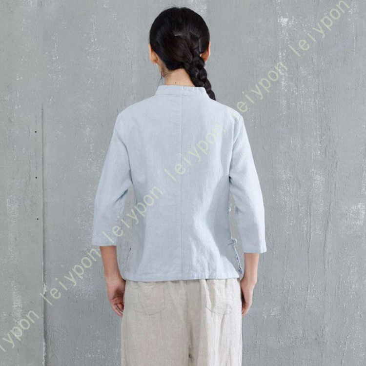 夏 綿麻 シャツ チャイナ民族服 上質 レディース カジュアル 無地 中袖 茶師服 太極拳服 Tシャツ ゆったり シンプル フリーサイズ 立ち襟 中華風 綿麻 長袖 夏 綿麻 シャツ チャイナ民族服 上質 レディース カジュアル