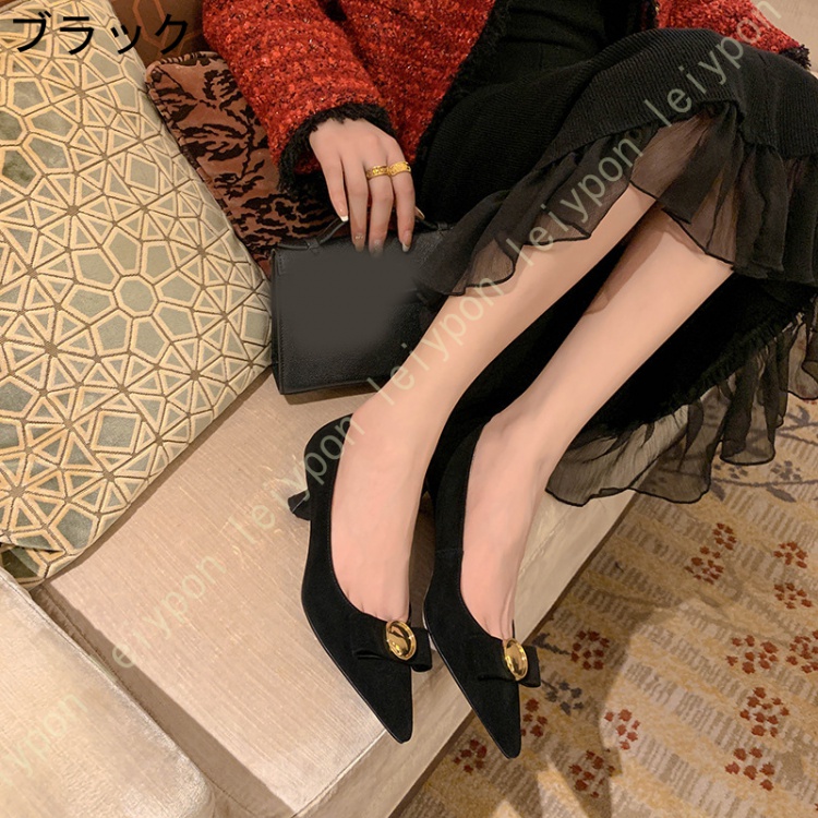 パンプス レディース 黒 ブラック 靴 厚底 ポインテッドトゥ ストラップパンプス 痛くない 柔らかい チャンキーヒール 太ヒール 4cmヒール 歩きやすい_3
