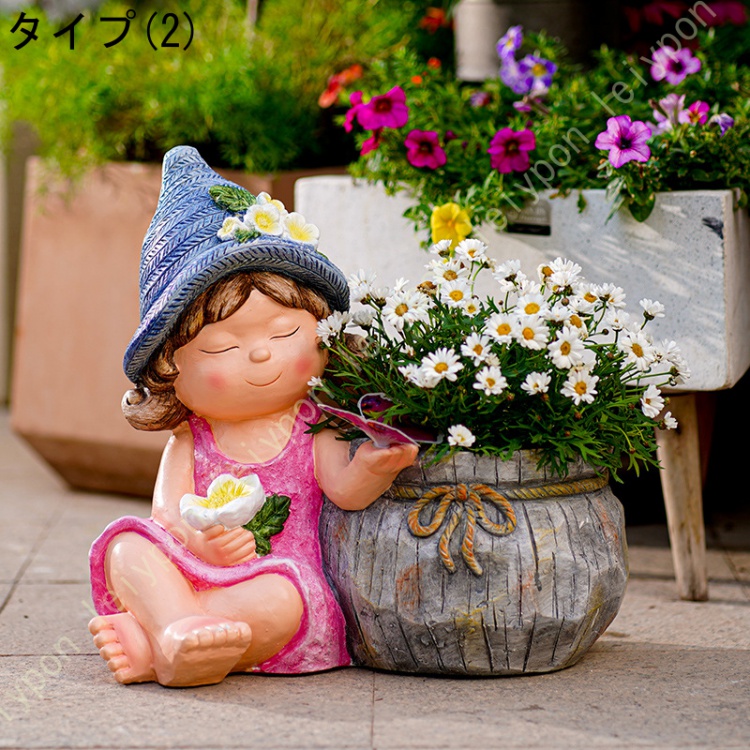 人形 おきもの カントリー 女の子 樹脂像 植木鉢 プランター