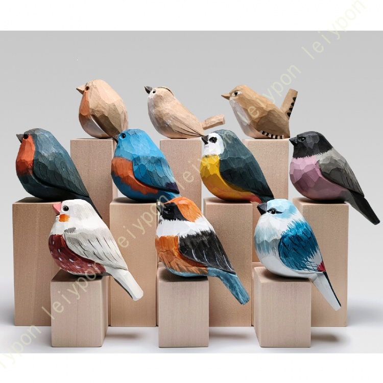木彫り置物 手作り オブジェ 木製彫刻 鳥の木彫り置物 木製オブジェ 