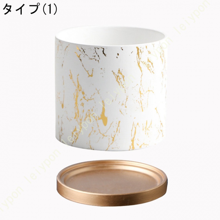 観葉植物ポット 陶器製 植木鉢 円形 シンプル 底穴あり ヨーロッパ調 落地 大型 プランター モダン マーブル模様 プラスチック製の受皿付き おしゃれ 小物入れ_1