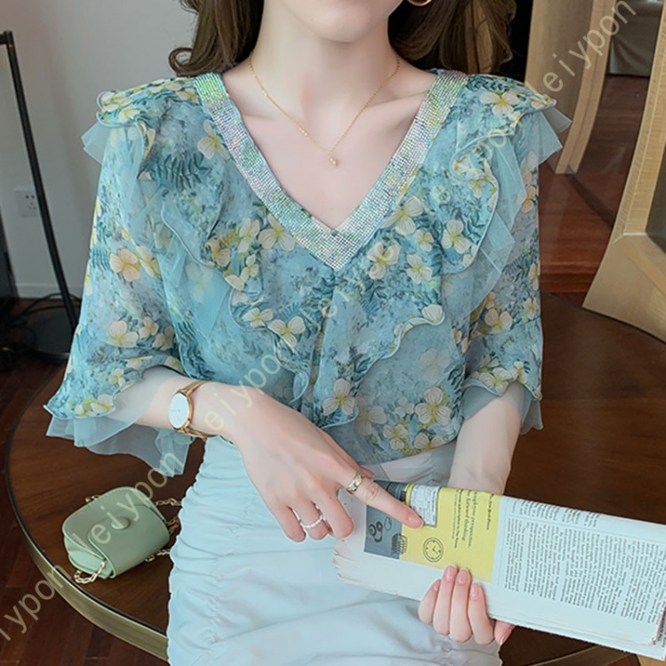 ブラウス レディース シャツ シフォン 半袖 キャザー ボリュームスリーブ Vネック ゆったり 大人 トップス きれいめ 花柄 普段着 カジュアル オフィス 夏 |  | 01