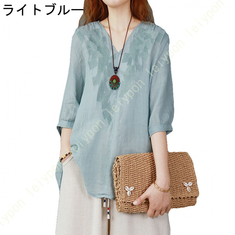 トップス レディース 半袖 Vネック ブラウス 綿麻 ゆったり Tシャツ 大きいサイズ カジュアル 花柄 夏服 プルオーバー チュニック 上着 シンプル お洒落 |  | 01