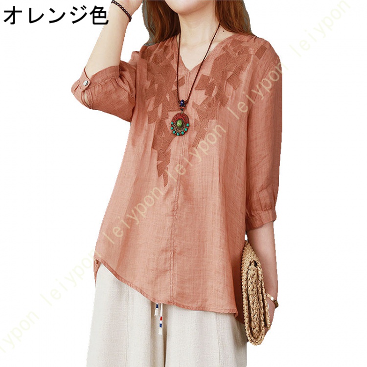 トップス レディース 半袖 Vネック ブラウス 綿麻 ゆったり Tシャツ 大きいサイズ カジュアル 花柄 夏服 プルオーバー チュニック 上着 シンプル お洒落 |  | 02