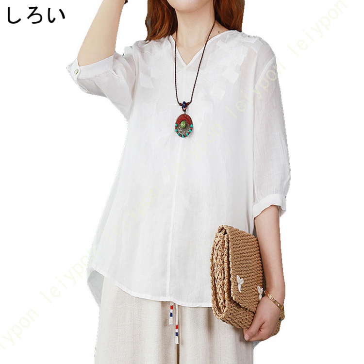 トップス レディース 半袖 Vネック ブラウス 綿麻 ゆったり Tシャツ 大きいサイズ カジュアル 花柄 夏服 プルオーバー チュニック 上着 シンプル お洒落 |  | 05