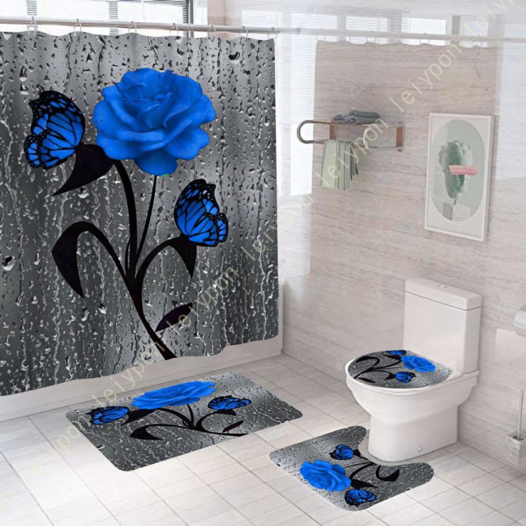 花柄シャワーカーテン4点セット ラグ付き バスルームカーテン シャワーセット トイレマット 蓋ラグ バスルームセット シャワーカーテンセット フック付き  qoTf5kIEvE, カーテン、ブラインド - centralcampo.com.br
