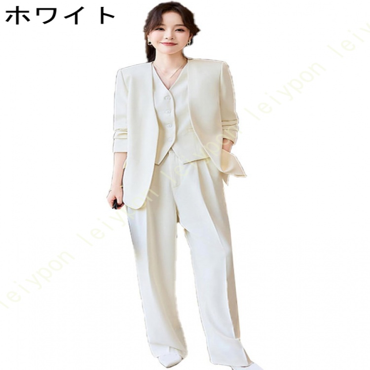 セットアップ 着痩せ レディース スーツ 無地 上下セット 面接 フォーマル 通勤 ビジネススーツ 洋服 大きいサイズ パンツスーツ ベスト付き ブレザー 出勤服_1