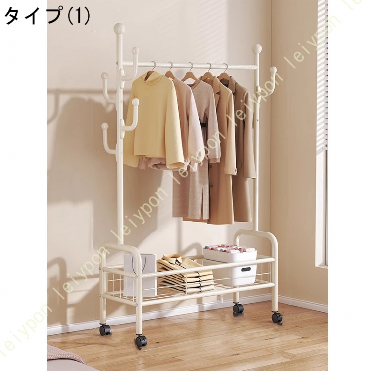 おしゃれ ハンガーラック 洋服ラック 収納付き ダブルロッド 1段 洋服かけ 挂衣架立式 服掛け 棚付き スリム コンパクト 衣帽架 キャスター付き 玄関_1