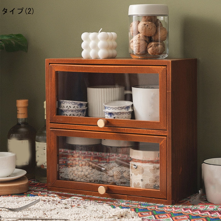 ミニ食器棚 木製 おしゃれ カウンター上収納 卓上 コンパクト 透明扉