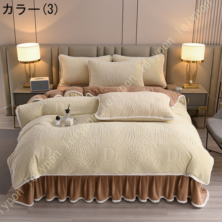 姫系 布団カバーセット 保温 ふかふか フランネル 冬 あったか フリル 寝具カバー4点セット おしゃれ 防寒 柔らかい ベッドカバー ベッドスカート_3