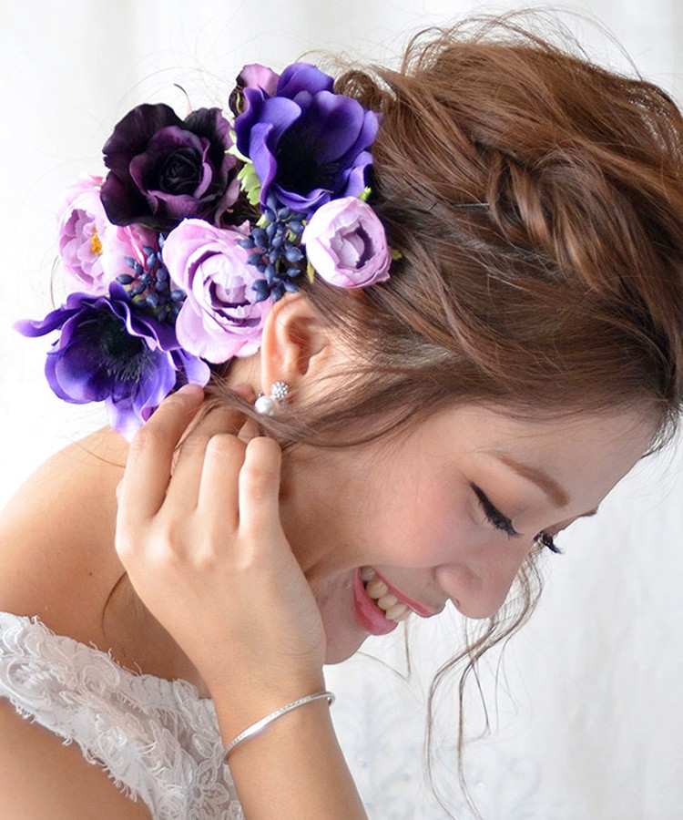 ヘッドドレス ウェディング 髪飾り 花 人気 パープル ヘアアクセサリー ブライダル 結婚式 成人式 袴 振袖 造花 紫 アネモネとカップローズ