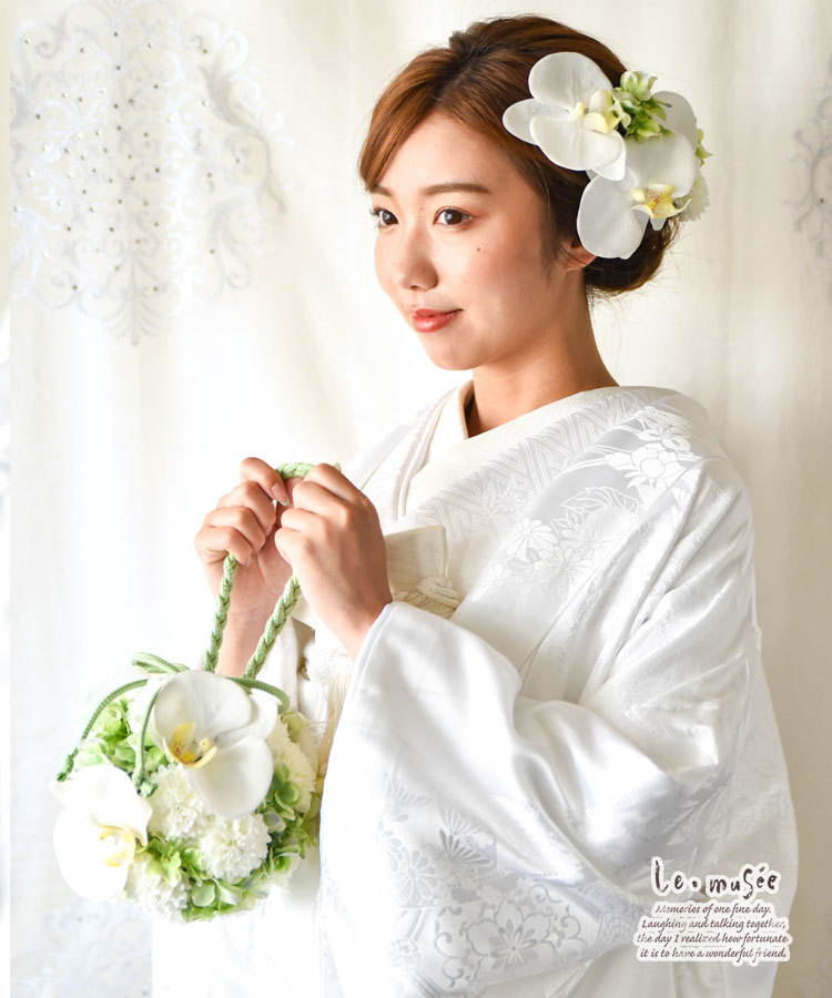 レンタル ボールブーケ ウェディング 造花 和装 ヘッドドレス 付き 髪飾り セット 結婚式 翠 みどり フォト