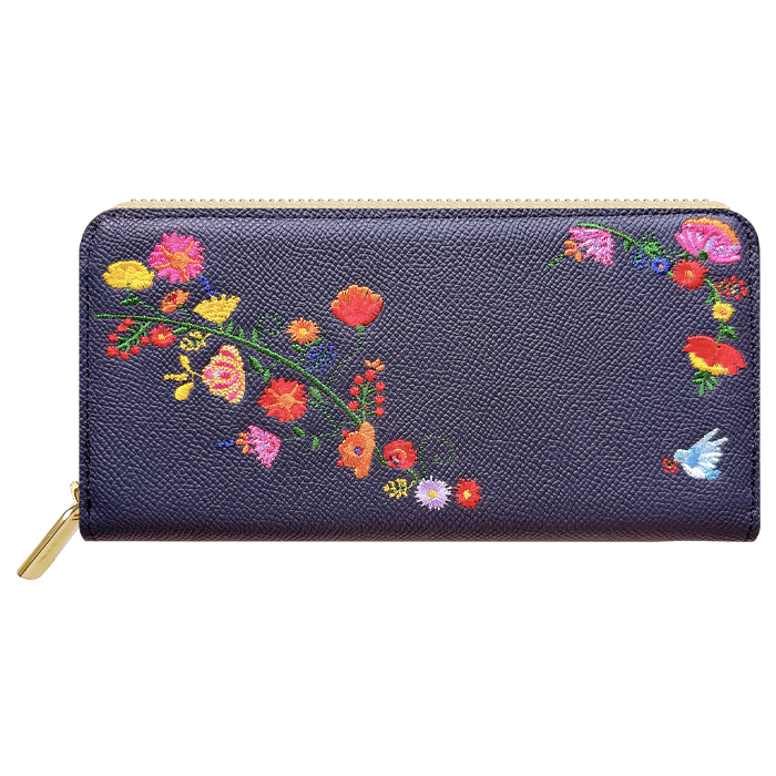 財布 長財布 レディース 本革 花刺繍 ラウンドファスナー サイフ