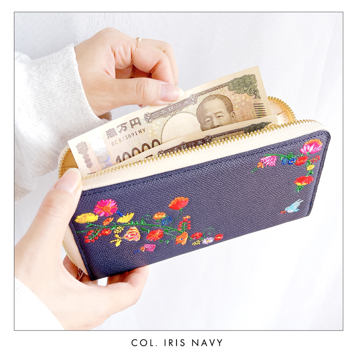 財布 長財布 レディース 本革 花刺繍 ラウンドファスナー サイフ