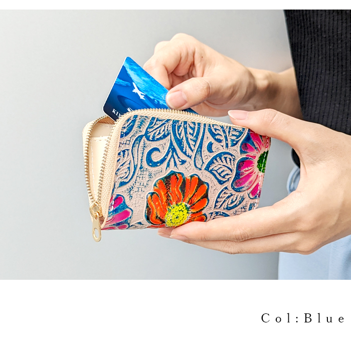 あ*お様 RRL 青色レザー 花柄コインケース コインケース 小銭入れ 本革 レディース かわいい ミニ財布