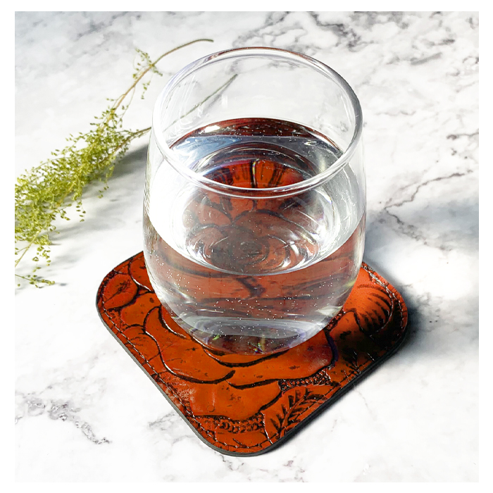 コースター 本革 アンティーク調 バラ 4枚セット テーブルウェア