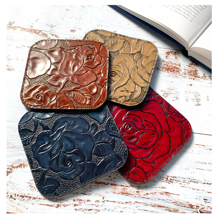 コースター 本革 アンティーク調 バラ 4枚セット テーブルウェア