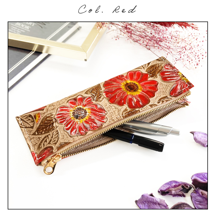 ペンケース ペン入れ 筆箱 レザー コンパクト 本革 レトロな 花 型押し