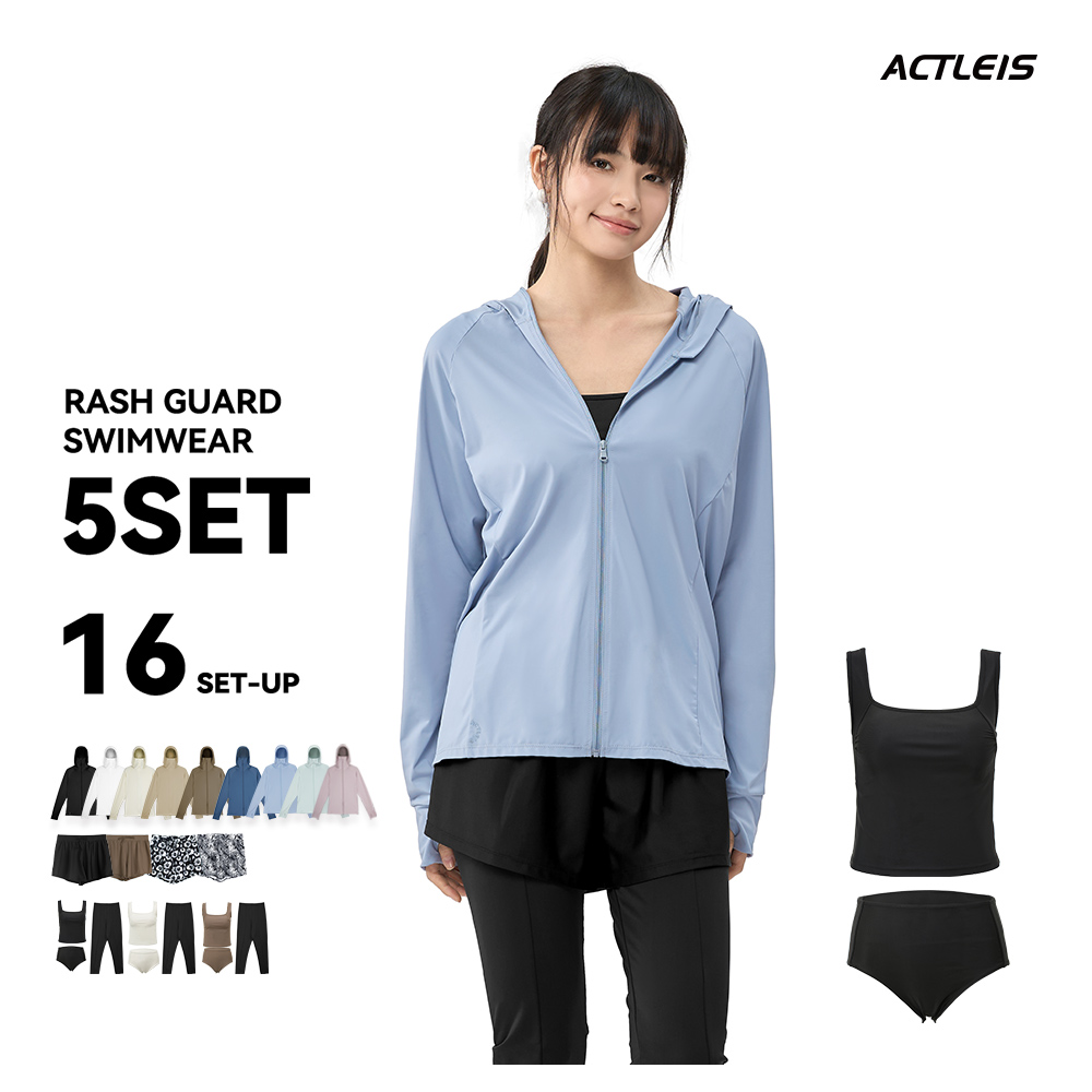 水着 レディース ラッシュガード 上下 セット 上下セット 体型カバー セパレート タンキニ 長袖 5点セット フード付き パーカー uvカットパーカー レギンス uvの画像