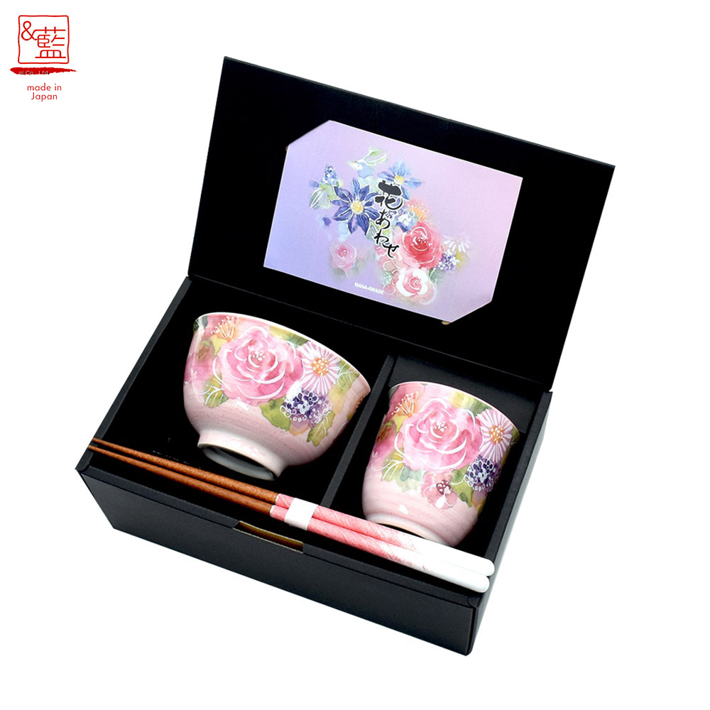 ＆藍 美濃焼 花あわせ 飯碗湯呑 バラ (若狭塗り箸付) | 日本製 飯碗 お