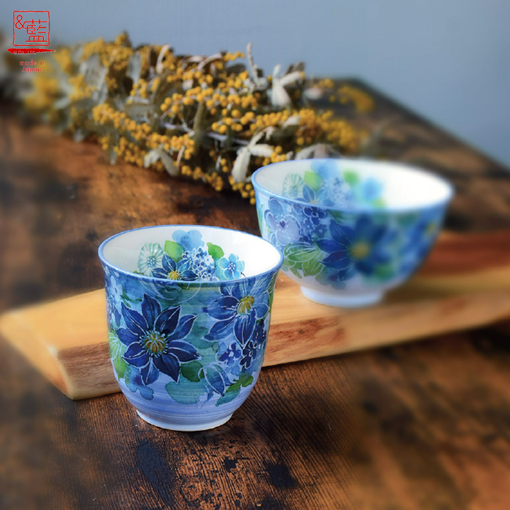 ＆藍 美濃焼 花あわせ 飯碗湯呑 クレマチス (若狭塗り箸付) | 日本製