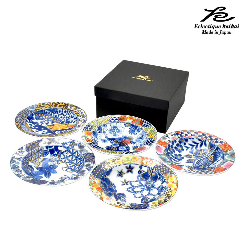 美濃焼 kaikai 宴 5客深皿揃 日本製 お皿 和食器 食器 モダン レトロ 古風 ギフト 贈り物 新築祝い 結婚祝い プレゼント　取り皿 おしゃれ 陶器 セラミック藍 | ＆藍