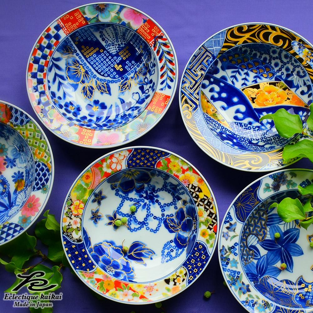 美濃焼 kaikai 宴 5客深皿揃 日本製 お皿 和食器 食器 モダン レトロ 古風 ギフト 贈り物 新築祝い 結婚祝い プレゼント　取り皿 おしゃれ 陶器 セラミック藍 | ＆藍 | 02