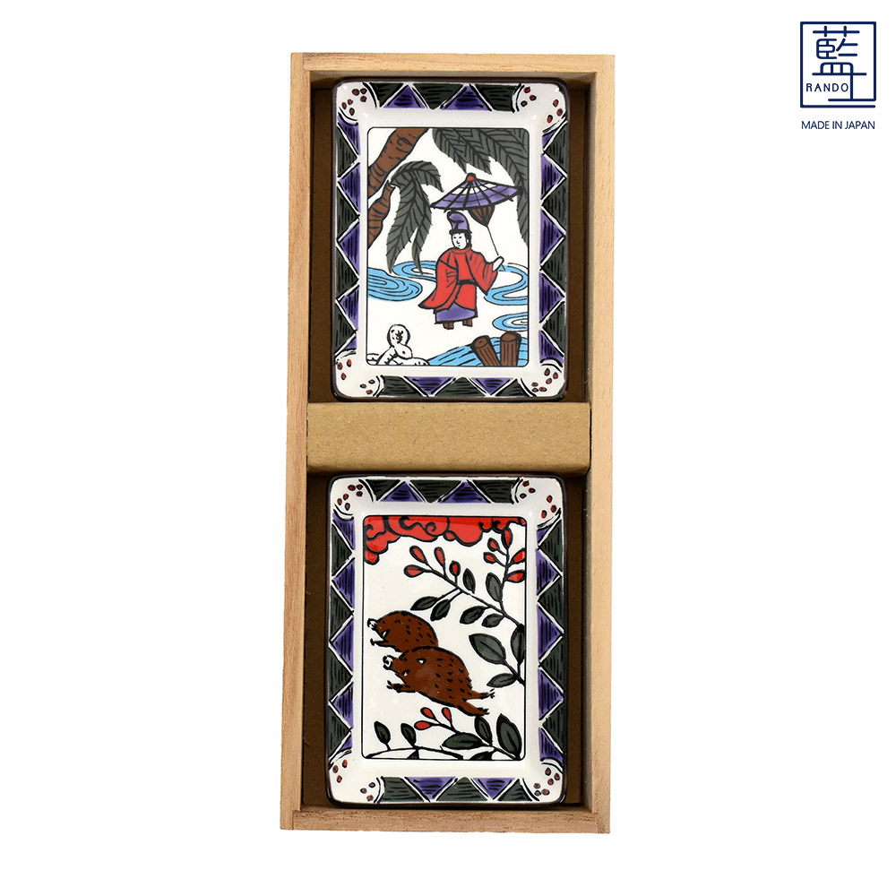 【希少/未使用】香蘭社　干支物語　中皿　5枚セット　動物　金彩 ＆藍 美濃焼 藍土 花札風 干支角小皿 向かい干支 6種│ 日本製 小皿