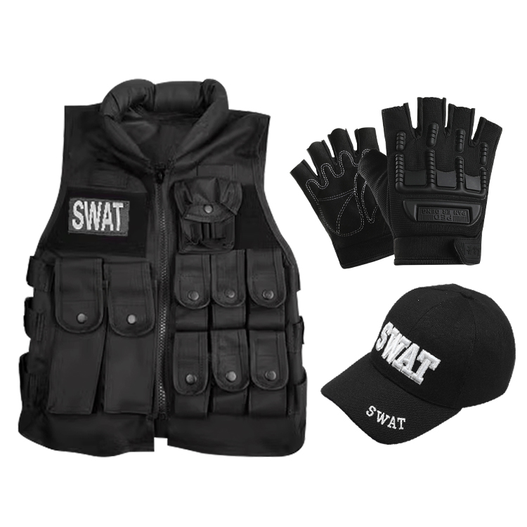 即納 SWAT スワット コスプレ 子供用 キッズ コスチューム 3点セット クールスワット アメリカ特殊部隊 ブラック ポリス 警察 警察官 帽子  ベスト グローブ