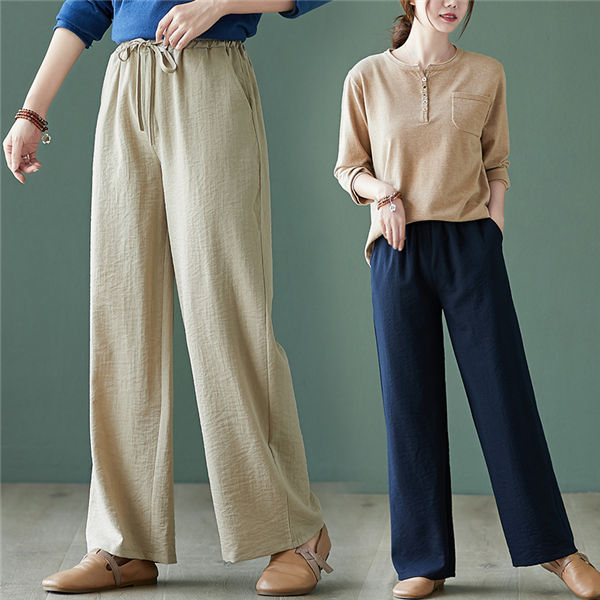 未使用 プランテーション リネン ガウチョパンツ ワイドパンツ ウエストゴム 麻 綿麻ワイドパンツ レディース ボトムス 着やせ ゆったり パンツ