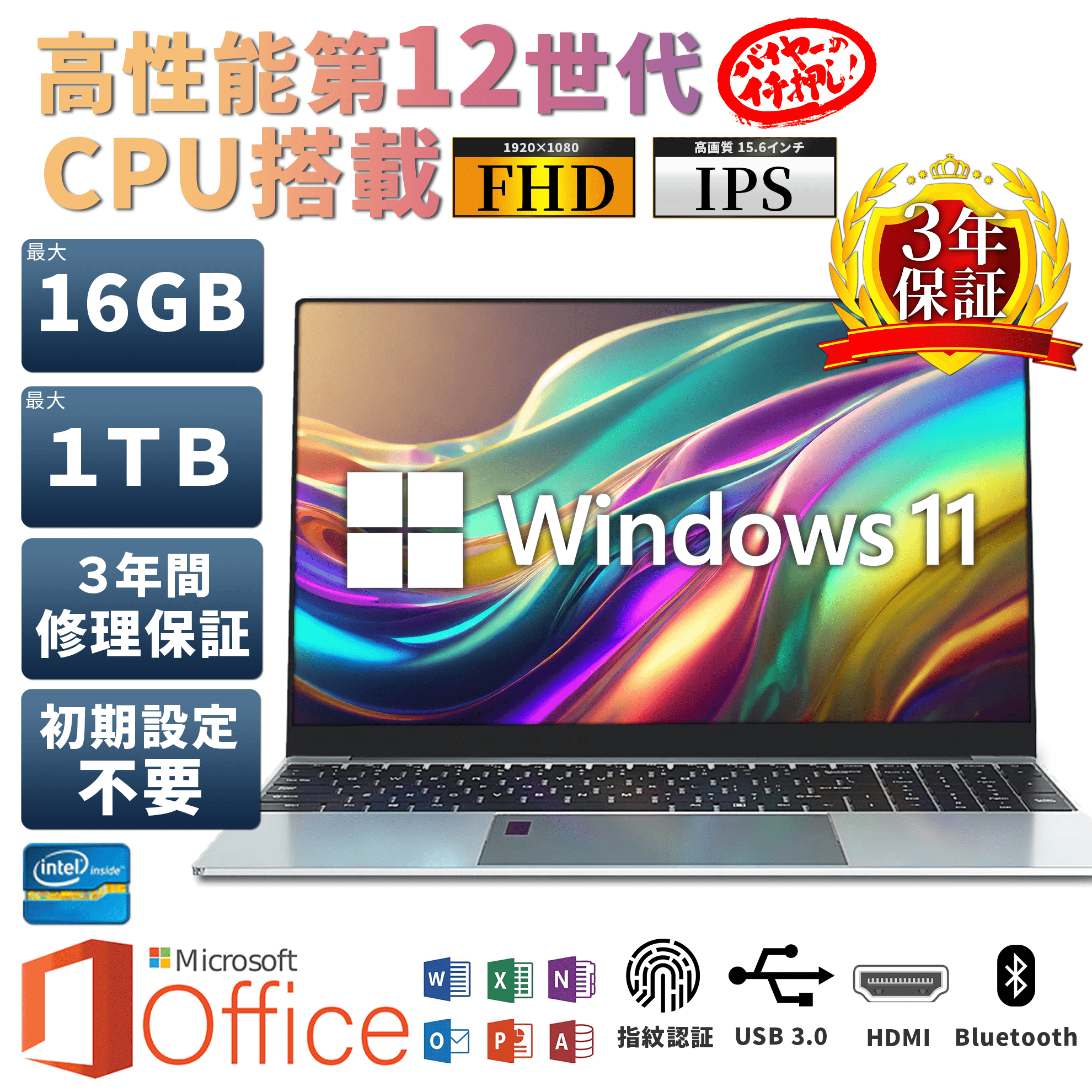 ノートパソコン 新品 windows11 office搭載 第12世代 CPU メモリ16GB SSD1TB 安い 新品パソコン パソコン pc  ノートPC テンキー カメラ