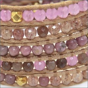 チャンルー BG-4151 PNK MIX/BEG ≪2015SS≫5ラップブレスレット ピンクトーンのセミプレシャスストーン、ゴールドナゲットをベージュレザーで編み込んだ5連ブレス