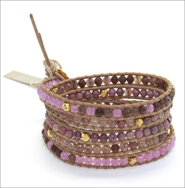 チャンルー BG-4151 PNK MIX/BEG ≪2015SS≫5ラップブレスレット ピンクトーンのセミプレシャスストーン、ゴールドナゲットをベージュレザーで編み込んだ5連ブレス