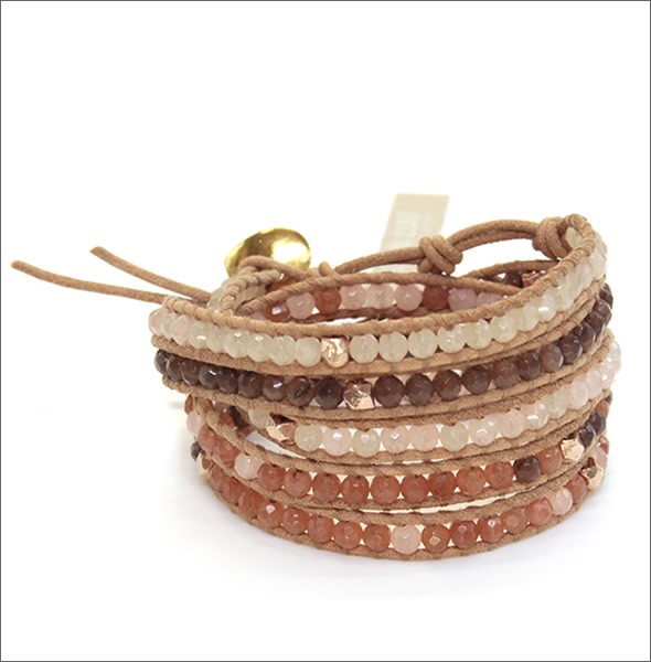 チャンルー BG-4408 PNK MIX/BEG ≪2015SS≫ ハート型の留め具がキュートな5ラップブレスレット ピンクトーンのセミプレシャスストーン、ローズゴールドナゲットをベージュレザーで編み込んだ5連ブレス