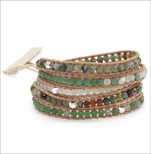 チャンルー BS-4151 GRN MIX/BEG ≪2015SS≫5ラップブレスレット グリーンミックスのセミプレシャスストーン、シルバーナゲットをベージュレザーで編み込んだ5連ブレス